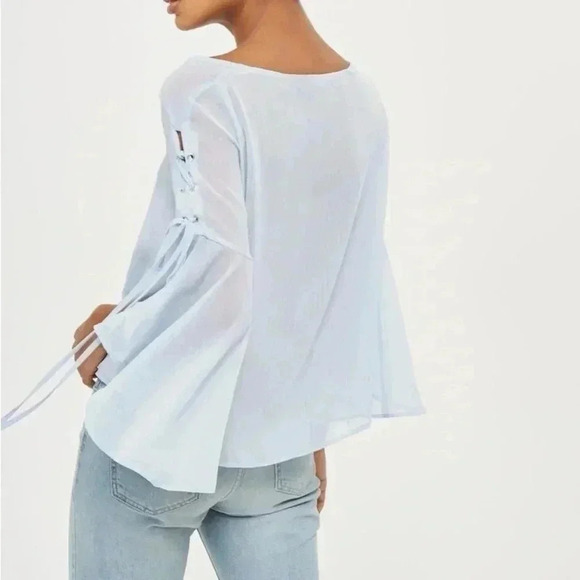 Topshop Eyelet Lace Up Fluted Sleeves Sheer Blouse Top Light Blue Size Small - Picture 2 of 16